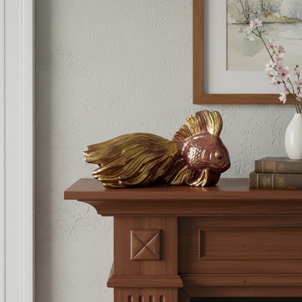 Vintage Handmade large gold fish pink gold metallic ceramic figurine 12x7 inch